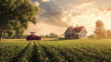 A picturesque rural scene showcasing a vibrant red tractor working through lush green fields under a magnificent sunset sky, with a charming farmhouse nearby.の素材