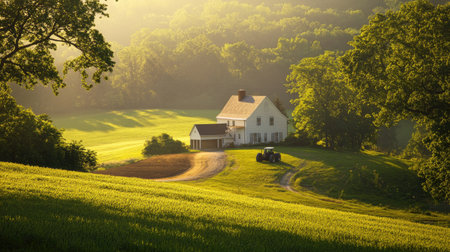 Enjoy a serene view of a charming farmhouse surrounded by lush green fields and a tractor, basking in the warm glow of a peaceful sunrise in rural countryside.の素材