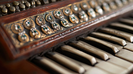 Captivating close-up of a vintage keyboard, showcasing intricate details and weathered keys. The image highlights the beauty and timelessness of historical musical instruments.の素材