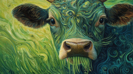 This striking illustration features a cow amid lush greenery, showcasing swirling patterns that highlight the harmony between agriculture and nature's beauty.の素材