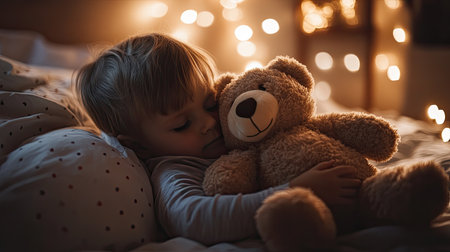 A serene moment of a child sleeping with a teddy bear, enveloped in a cozy bedroom illuminated by soft fairy lights, evoking a sense of warmth and tranquility.の素材