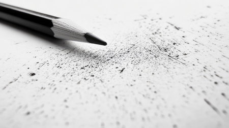 A close-up view of a black pencil rests on a textured paper background, showcasing smudges and pencil shavings, ideal for themes of creativity and artistic process.の素材