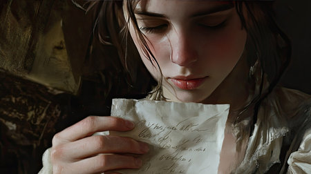 A contemplative young woman closely examines a handwritten letter, her delicate expression conveying deep emotions and a sense of nostalgia in a beautifully lit space.の素材