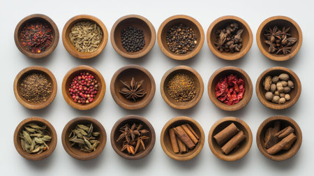A stunning arrangement of various spices and herbs displayed in wooden bowls, showcasing vibrant colors and textures that inspire culinary creativity and flavor exploration.の素材