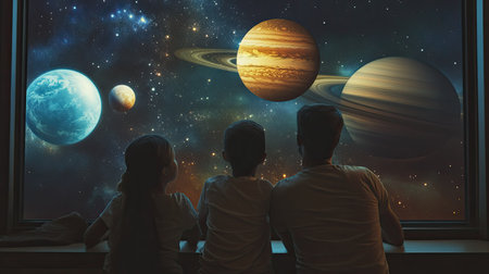 A heartwarming scene of family stargazing through a window, marveling at stunning planets and a star-filled universe, inspiring curiosity and wonder about space exploration.の素材
