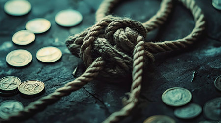 A striking close-up of a knotted rope amidst scattered coins on a dark surface, evoking themes of finance, wealth management, and economic challenges.の素材