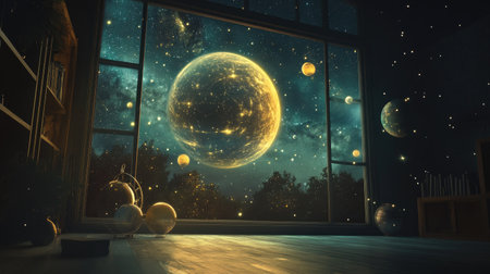 Experience a breathtaking cosmic scene from a cozy room, featuring a mesmerizing view of planets and stars through a large window, inspiring wonder and curiosity.の素材