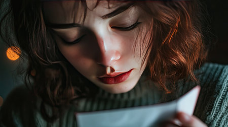 Close-up image of a young woman with wavy hair deeply engaged in reading a letter, capturing a moment of reflection and emotional vulnerability in warm, soft lighting.の素材