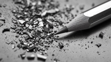 A striking close-up image of a sharpened pencil surrounded by fine shavings, showcasing rich textures and details in artistic monochrome tones, ideal for design and educational projects.の素材