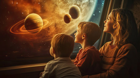 A captivating scene depicting a woman and two children gazing out a window at a breathtaking cosmic display, filled with planets, stars, and a galaxy, igniting imagination and curiosity.の素材
