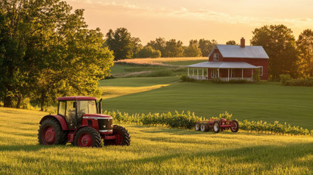 This beautiful rural scene captures a tractor working in lush green fields with a charming farmhouse in the background, showcasing the essence of farming life at sunset.の素材