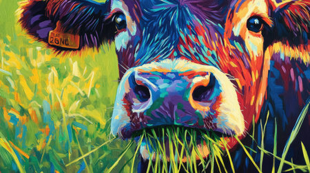 Stunning artistic representation of a cow enjoying grass in a bright green field, showcasing the charm of rural life with vibrant colors and textures that evoke nature's beauty.の素材