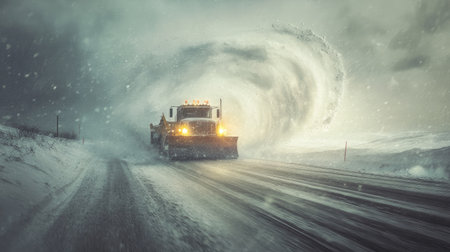 A powerful snow plow tackles a severe winter storm, pushing through heavy snowfall, creating dramatic visual effects on the road and highlighting nature's fierce beauty.の素材