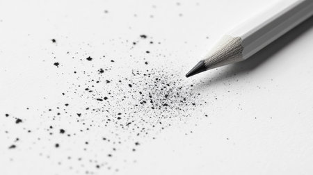 This image showcases a white pencil resting on a clean sheet of paper, surrounded by fine graphite shavings, highlighting the beauty and simplicity of artistic tools.の素材