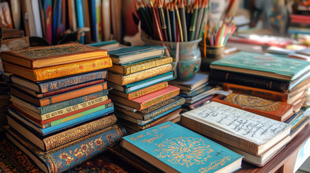 A vibrant collection of vintage books and notebooks with intricate covers scattered on a wooden table, creating an inviting and creative workspace atmosphere perfect for study or artistic endeavors.の素材