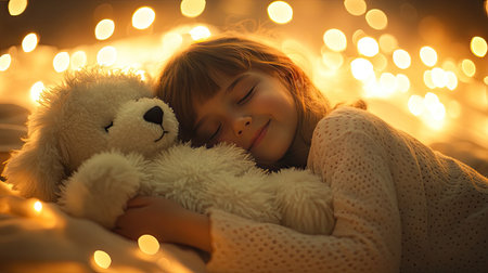 A heartwarming scene of a child peacefully sleeping while hugging a fluffy teddy bear, surrounded by a soft glow of fairy lights creating a cozy dreamlike ambiance.の素材