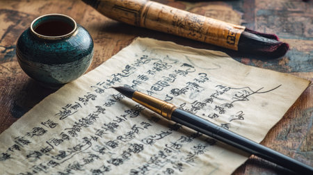 Capture of ancient manuscript alongside traditional writing tools, featuring ink and brush on a wooden surface, providing a glimpse into cultural heritage and artistry.の素材