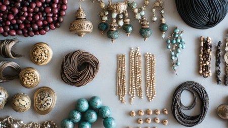 Explore a stunning collection of jewelry and accessories, showcasing various textures, colors, and materials in an artistic arrangement that highlights intricate designs and craftsmanship.の素材