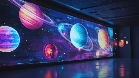 A stunning cosmic display featuring vibrant planets and stars creates an otherworldly atmosphere in a modern space. Ideal for science and art enthusiasts seeking inspiration.の素材