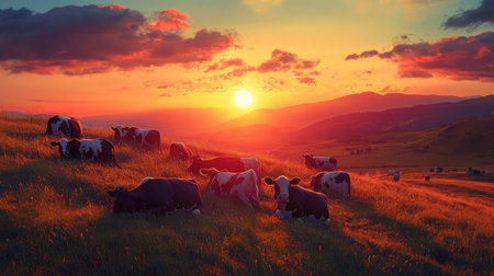 A picturesque scene featuring grazing cows on a hill at sunset, with vibrant hues filling the sky. This tranquil landscape captures the essence of serene rural living and natural beauty.の素材