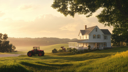 Captivating view of a classic white farmhouse with a red tractor in a lush green landscape during a stunning sunset, perfect for conveying tranquility and rural life.の素材