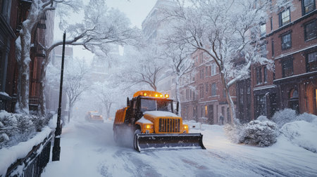 A snow plow drives through a snowy city street, clearing a path amidst a winter storm. Trees are blanketed in white, creating a tranquil and scenic urban atmosphere.の素材