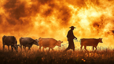 A captivating silhouette of a cowboy leading cattle across a vibrant landscape at sunset, highlighted by a backdrop of flames and warm hues, representing rural life and connection to nature.の素材