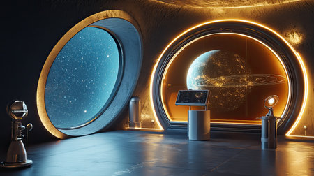 A futuristic space observatory interior featuring large windows that showcase stunning celestial bodies, advanced technology, and a calming atmosphere for exploration and discovery.の素材