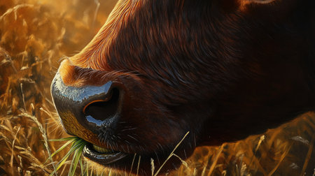 A stunning close-up image showcasing the nose of a brown cow grazing amidst golden grass in a tranquil rural setting filled with warm sunlight.の素材