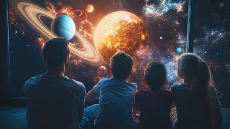 A captivating view of children observing an enchanting cosmic scene with vivid planets and stars, evoking feelings of wonder and igniting curiosity about the universe.の素材
