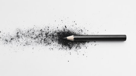 A close-up image featuring a black pencil beside its shavings on a clean white surface, representing artistic creativity and essential tools for drawing and sketching.の素材