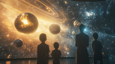 A family stands in silhouette, captivated by a stunning cosmic display of planets and galaxies, enhancing their sense of wonder and exploration in a modern educational setting.の素材