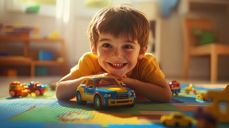 A cheerful young boy enjoys his time playing with a vibrant toy car, surrounded by various colorful toys in a cozy indoor space filled with light.の素材