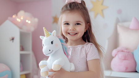 A cheerful young girl enjoys her time with a plush unicorn in a beautifully designed room, capturing the essence of childhood wonder and joy in a colorful setting.の素材