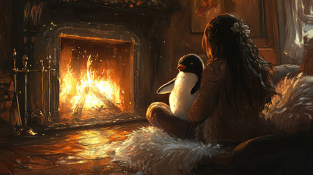 A heartwarming scene depicting a child cuddling a plush penguin by a crackling fireplace, embodying comfort and tranquility in a cozy winter setting.の素材