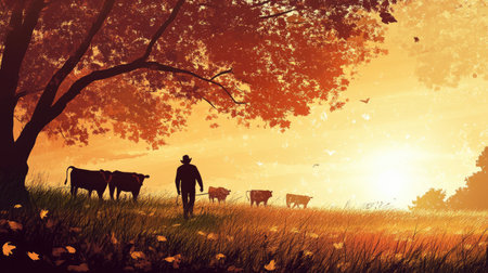 A peaceful rural scene at sunset shows a farmer walking with cattle through an autumn field, enveloped in warm colors and surrounded by nature's beauty.の素材