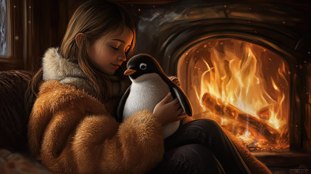 A delightful winter scene showcasing a young girl embracing a penguin plush toy beside a warm fireplace, radiating coziness and childhood innocence.の素材