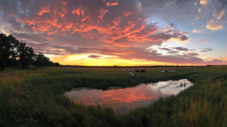 A picturesque sunset casts warm colors over a peaceful pasture where cows graze near a reflective water body, creating a serene rural landscape rich in natural beauty.の素材