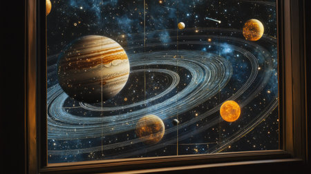 A breathtaking cosmic scene featuring various planets and rings viewed through a window, showcasing the wonders of the universe in a beautifully lit room.の素材