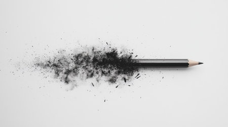 A black pencil disperses graphite dust across a white background, showcasing the beauty of artistic creation while emphasizing themes of inspiration and minimalism.の素材