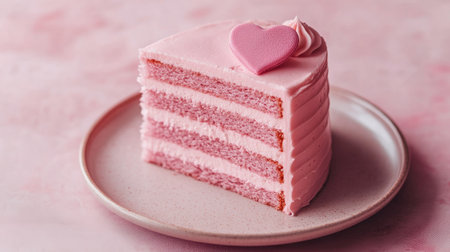 This charming pink cake slice features layers of fluffy cake and creamy frosting, topped with a heart decoration. Ideal for celebrations and joyful moments.の素材