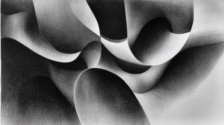 This abstract artwork features dynamic black and white waves that evoke fluid motion, creating a captivating visual experience through intricate textures and light effects.の素材