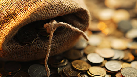 A beautifully detailed image showcases a rustic burlap bag filled with coins, surrounded by various scattered currencies capturing the themes of wealth and finance.の素材