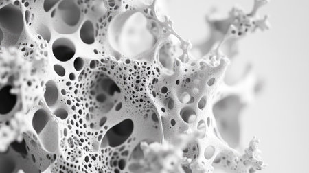 This close-up image showcases a complex abstract structure characterized by organic forms and intricate textures, ideal for artistic and scientific projects.の素材