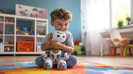 A joyful child embraces a friendly robot toy in a vibrant playroom, showcasing pure happiness and imagination in a colorful and engaging environment.の素材