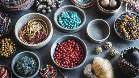 A vibrant assortment of unique jewelry beads and crafting materials showcases various colors and textures, offering a rich source of inspiration for creative projects and designs.の素材