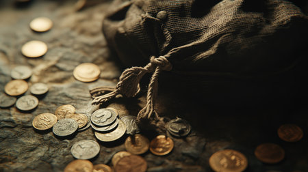 A vintage money bag lies on a rustic surface, surrounded by scattered coins, evoking themes of wealth, history, and financial concepts in an artistic manner.の素材