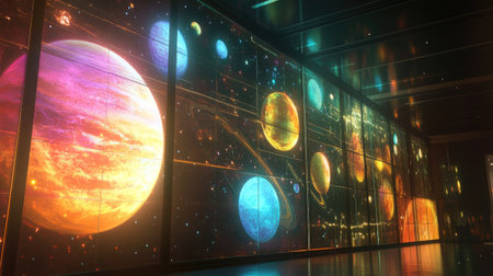 Experience a stunning cosmic exhibition featuring vibrant planets and cosmic wonders, perfect for inspiring creativity and curiosity about space and the universe.の素材