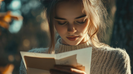 A young woman absorbed in reading a letter under the gentle sunlight in a forest, reflecting a serene atmosphere filled with emotions and a touch of nostalgia.の素材