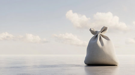 A serene image of a soft white bag standing alone on a tranquil seascape, complemented by a clear sky and fluffy clouds, offering a minimalist visual experience.の素材